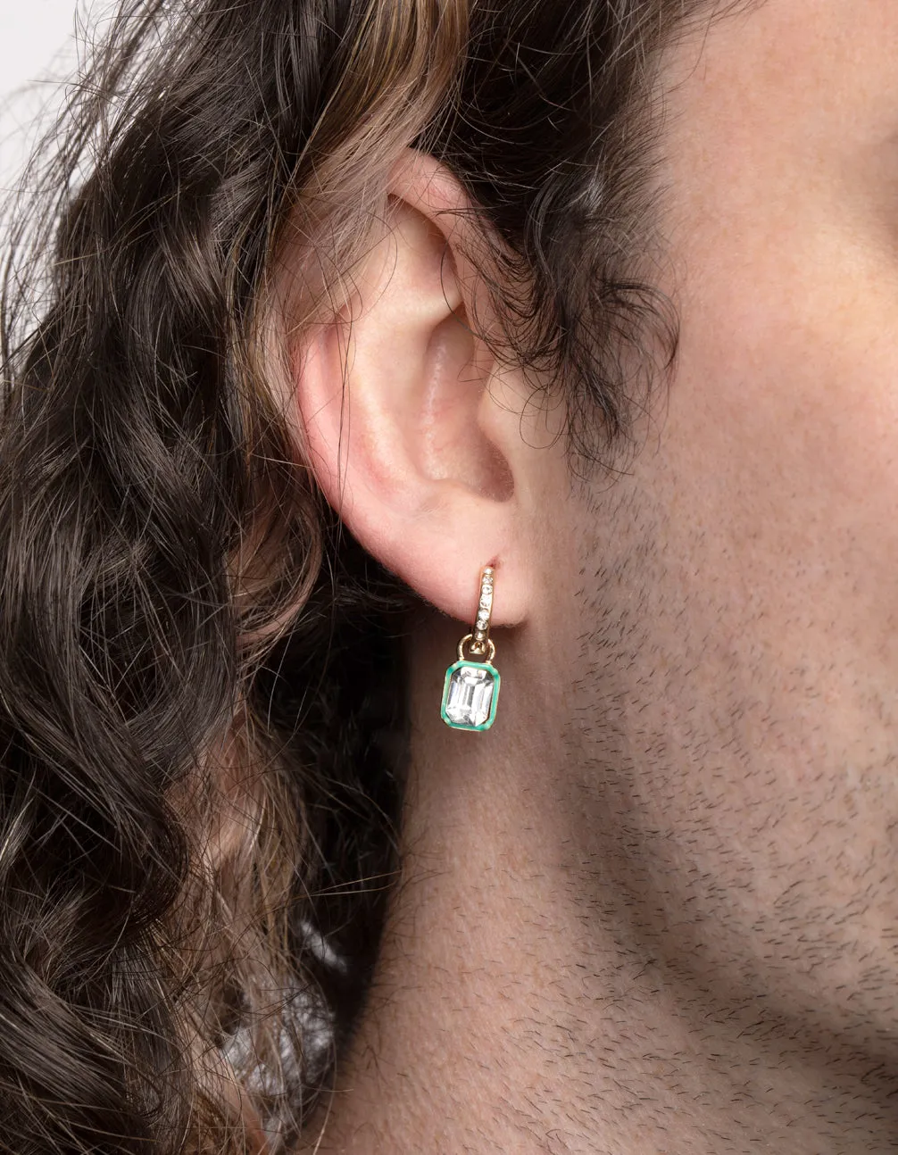 Green Rectangular Diamante Huggie Hoop Earrings