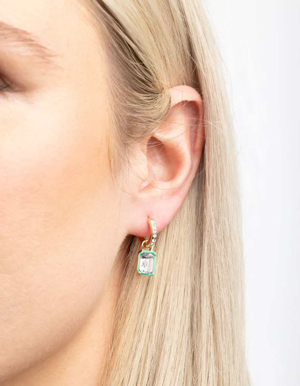 Green Rectangular Diamante Huggie Hoop Earrings