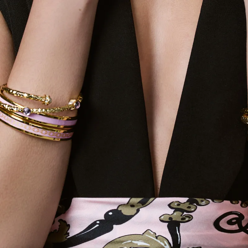 Halcyon Days - Cabochon  - Rose Quartz Jewel - Gold  - Torque Bangle