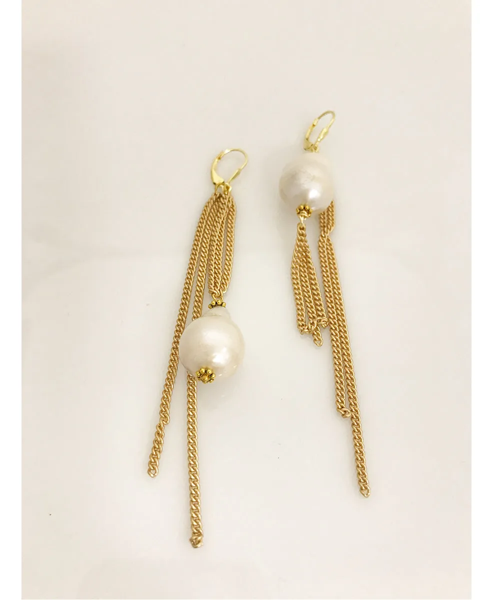 High-Low Pearl and Chain Earrings
