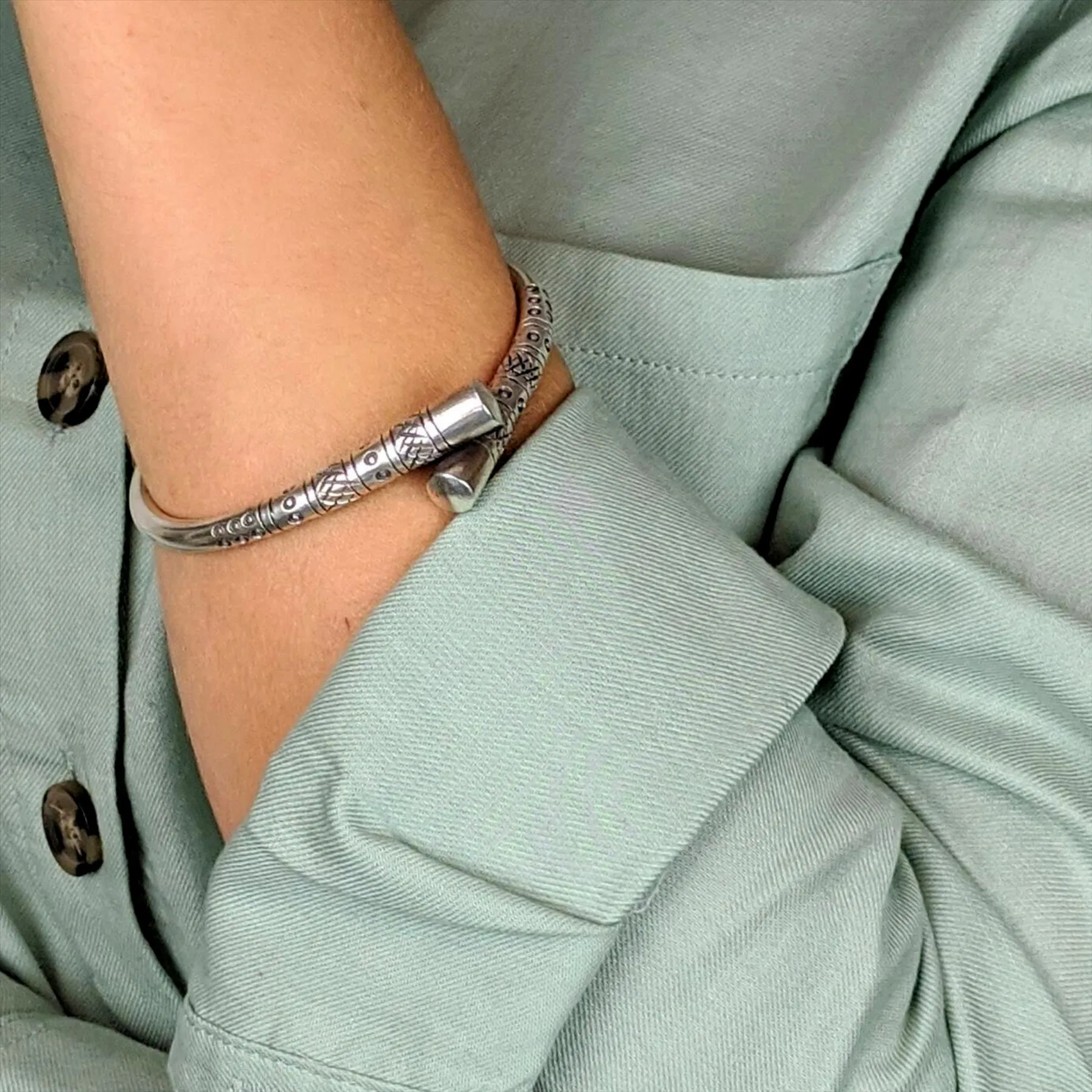 Hill Tribe Silver Chunky Wrap Bangle - Tapered Tribal Motif Design