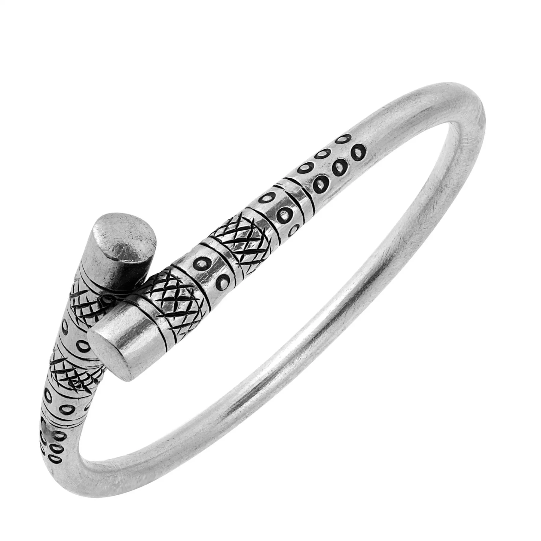 Hill Tribe Silver Chunky Wrap Bangle - Tapered Tribal Motif Design