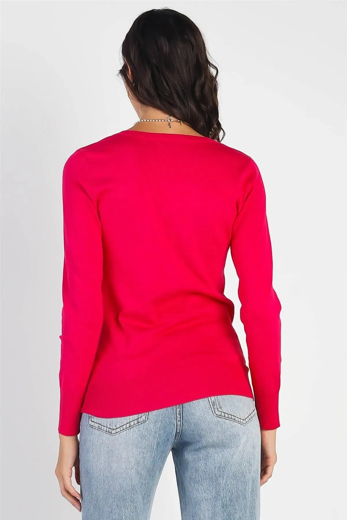 Hot Pink Knit V-Neck Long Sleeve Sweater /1-2-2-1