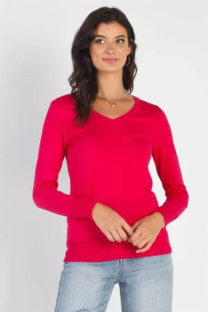 Hot Pink Knit V-Neck Long Sleeve Sweater /1-2-2-1