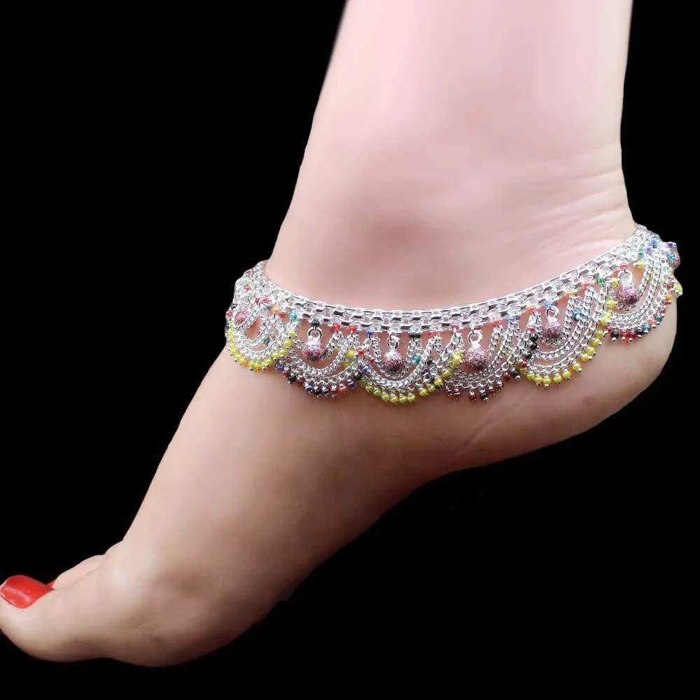 Indian Style Bridal Women Real Solid Silver Multicolor Anklets Pair 10.4"