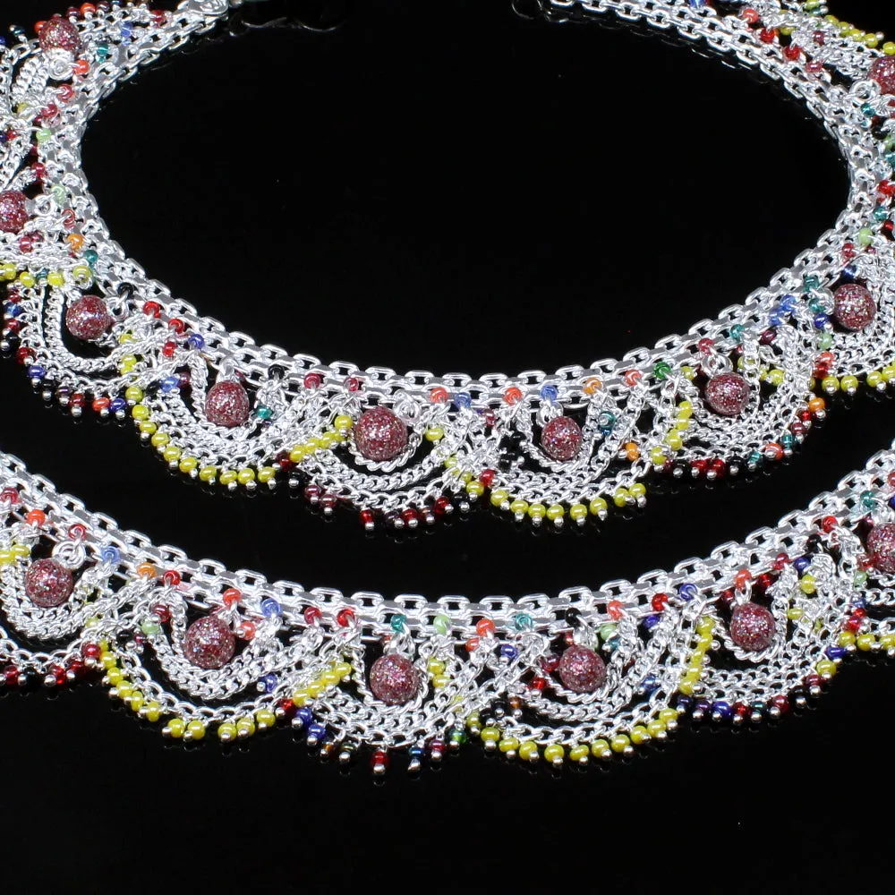 Indian Style Bridal Women Real Solid Silver Multicolor Anklets Pair 10.4"