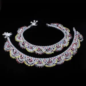 Indian Style Bridal Women Real Solid Silver Multicolor Anklets Pair 10.4"