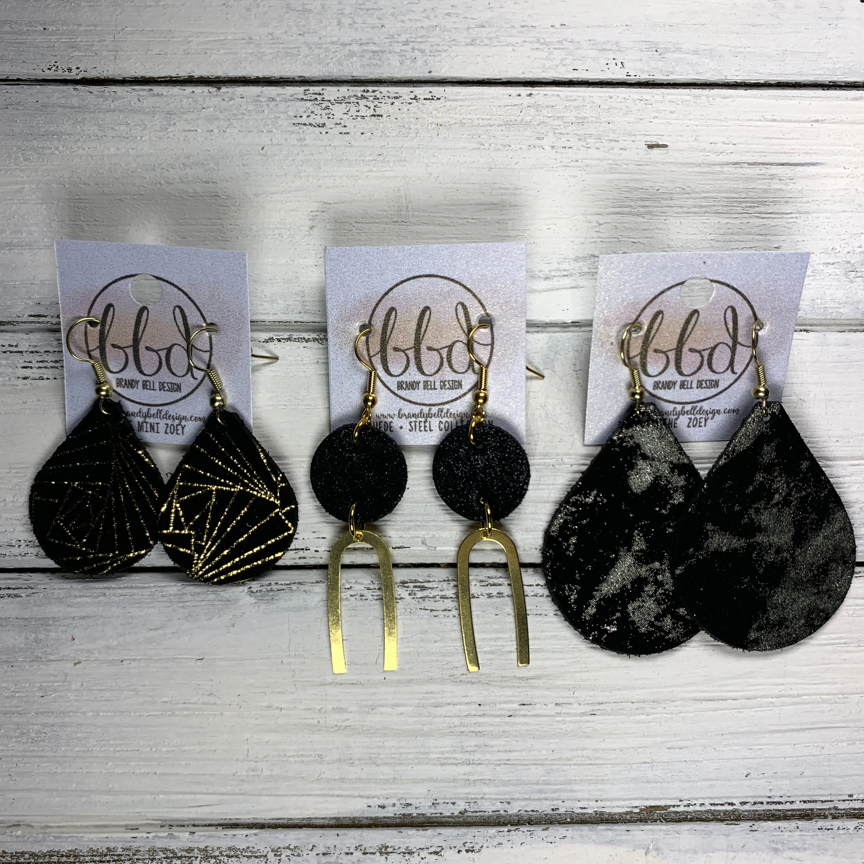 IRIS  ||  Leather Earrings || GOLD BRASS U-SHAPE, <BR> COBALT PALMS