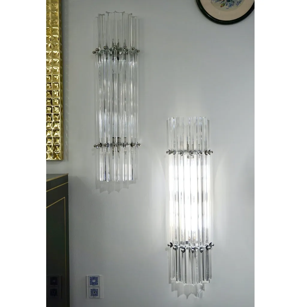 Italian Contemporary Minimalist Pair of Nickel & Crystal Murano Glass Sconces