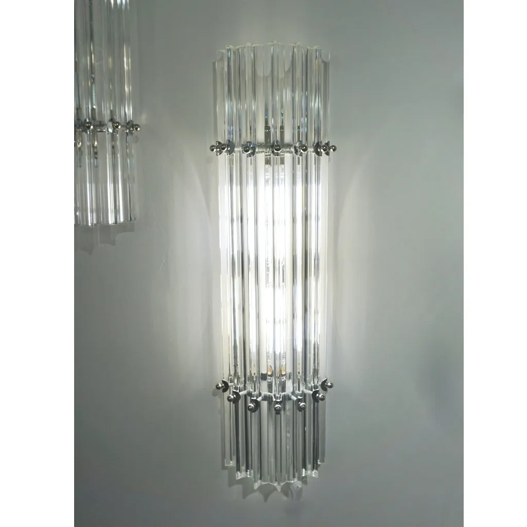 Italian Contemporary Minimalist Pair of Nickel & Crystal Murano Glass Sconces