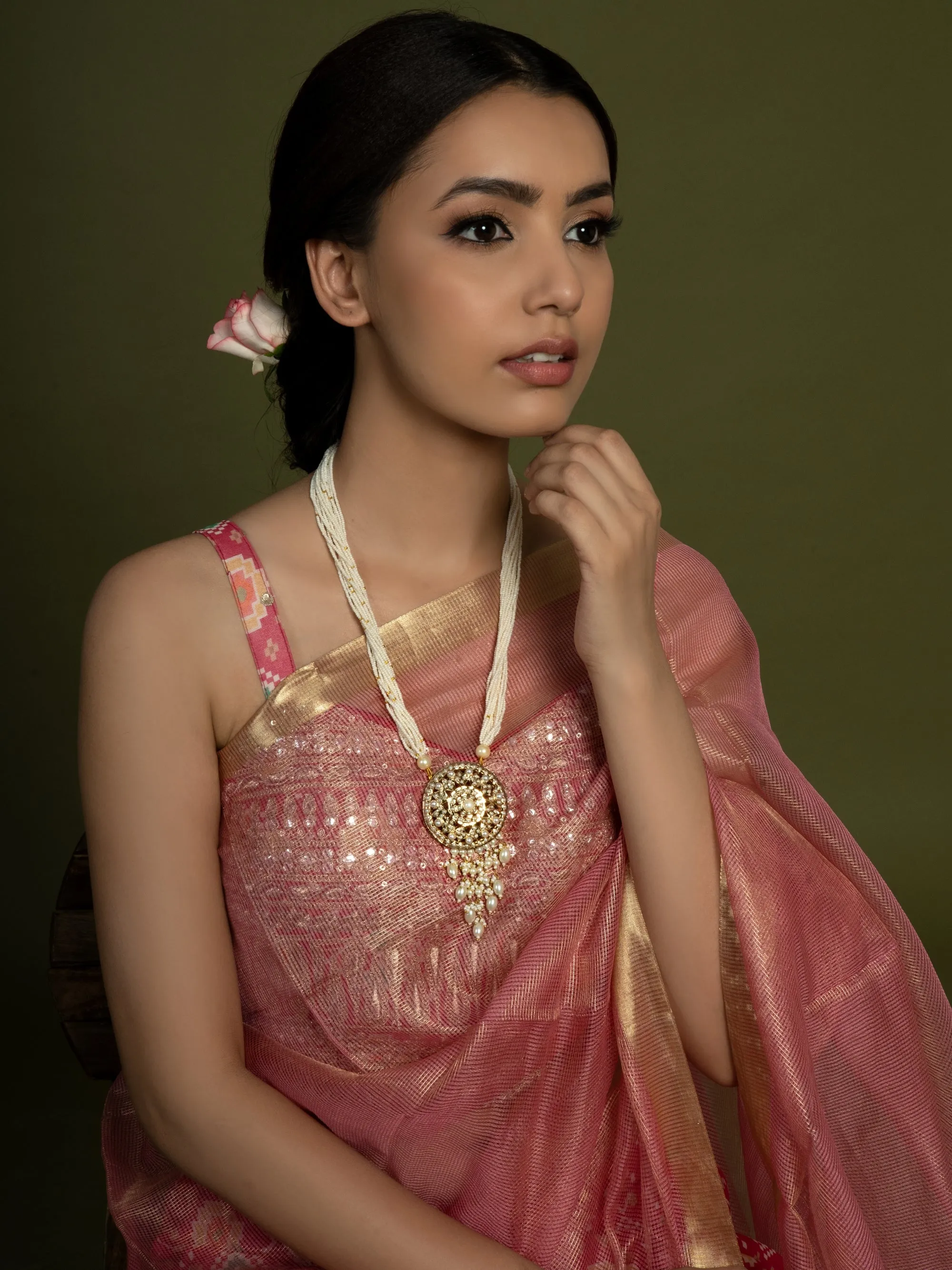 Jadau Round Disc with Pearl Drop Pendant Necklace