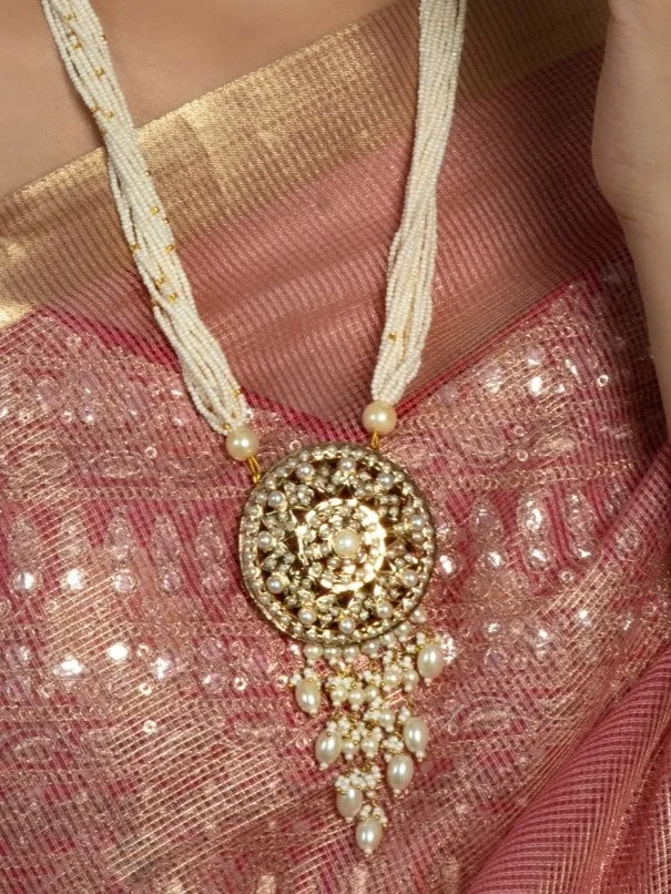 Jadau Round Disc with Pearl Drop Pendant Necklace