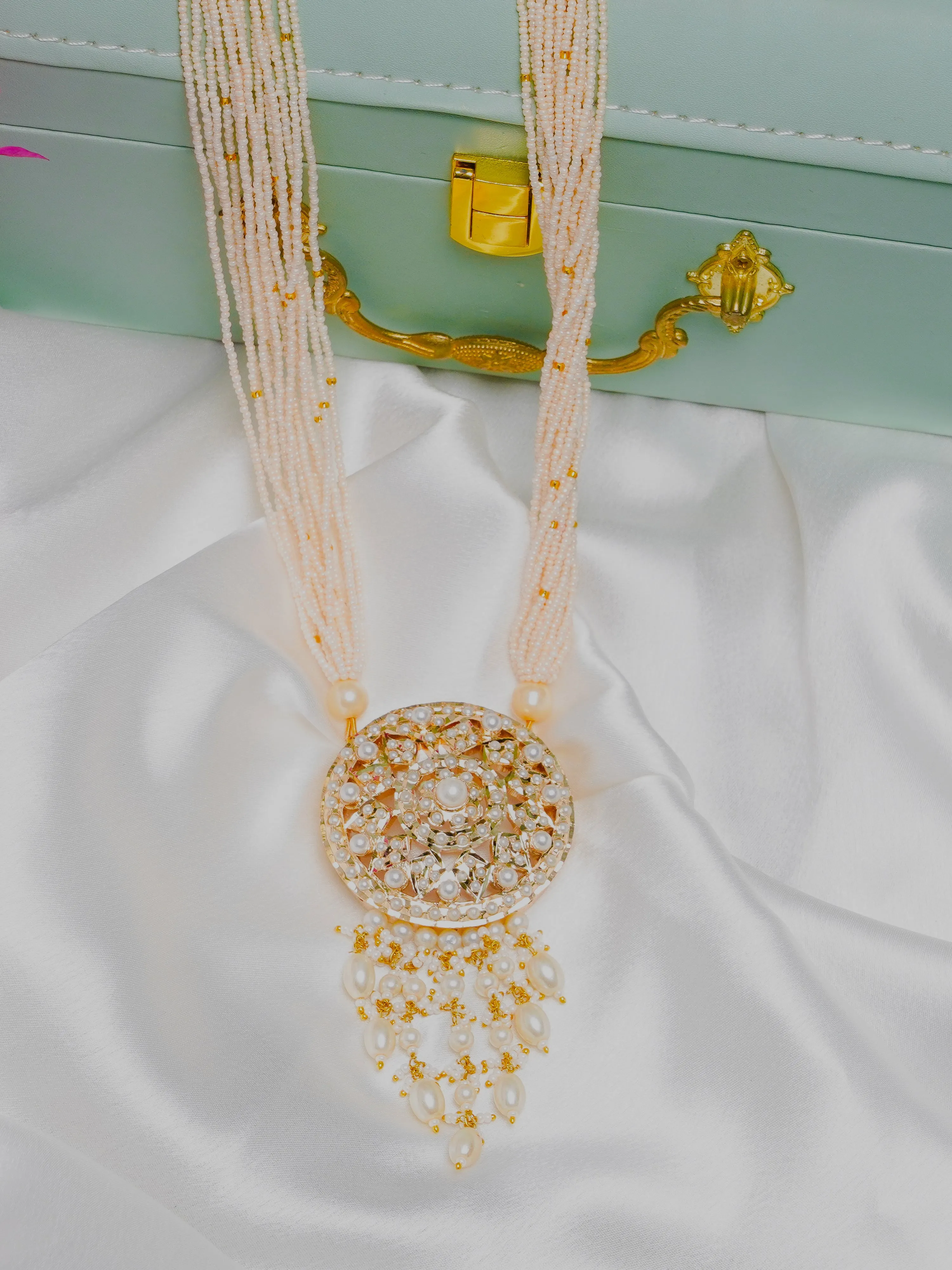 Jadau Round Disc with Pearl Drop Pendant Necklace
