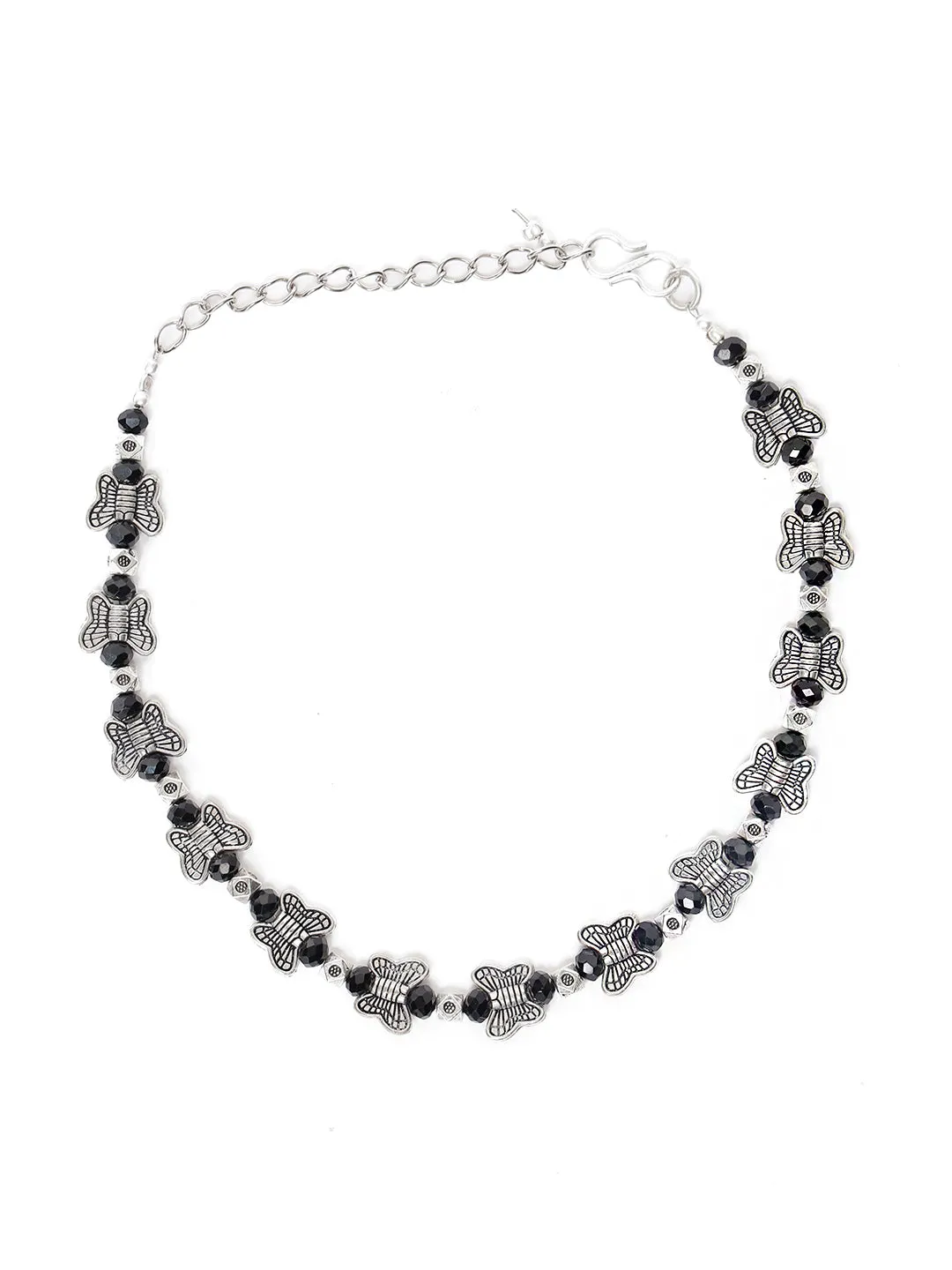 Jazz And Sizzle Set Of 2 Silver-Plated & Black Beaded Handcrafted Butterfly Anklet