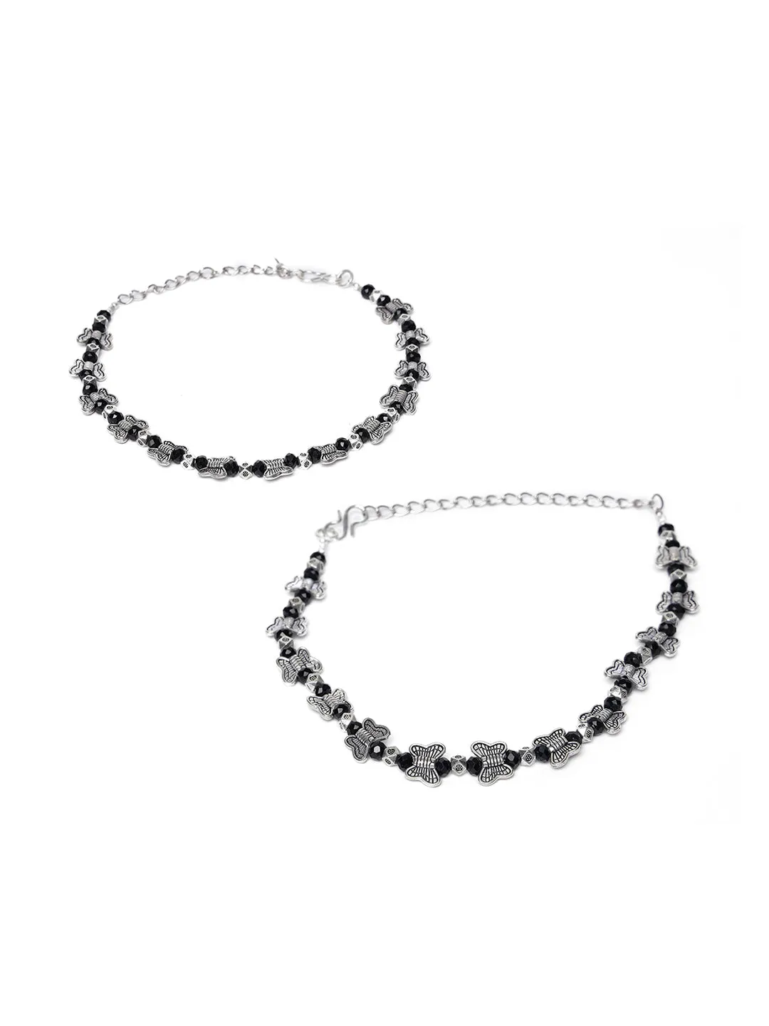 Jazz And Sizzle Set Of 2 Silver-Plated & Black Beaded Handcrafted Butterfly Anklet