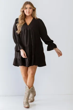 Junior Plus Black Textured Flare Hem Long Sleeve Mini Dress