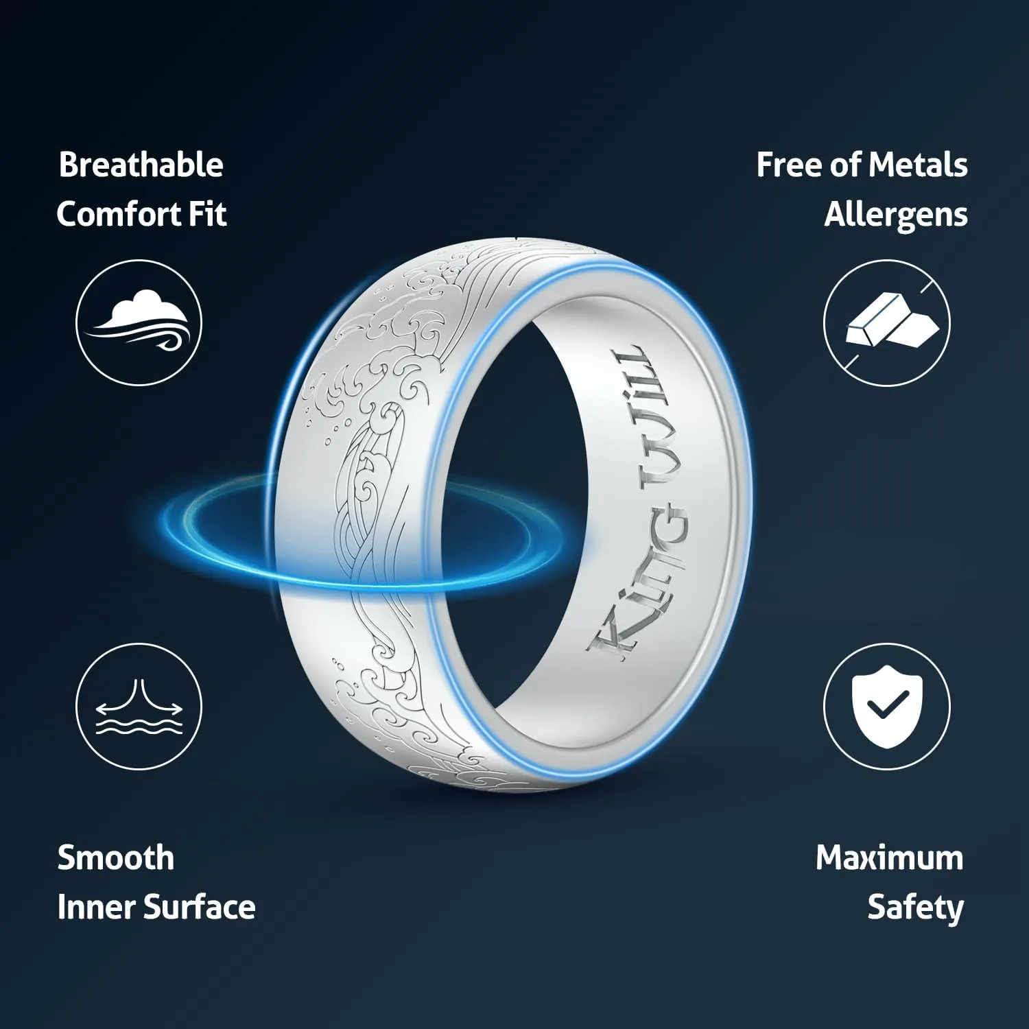 King Will Silicone Mens Ring - Breathable Wedding Bands for Men 8mm Wide Rubber Engagement Band, Geometry/Waves with Design, Comfort Fit Ring- 1/4/6 Variety Multipack Silver/Dark Blue/Grey Size 8-14
