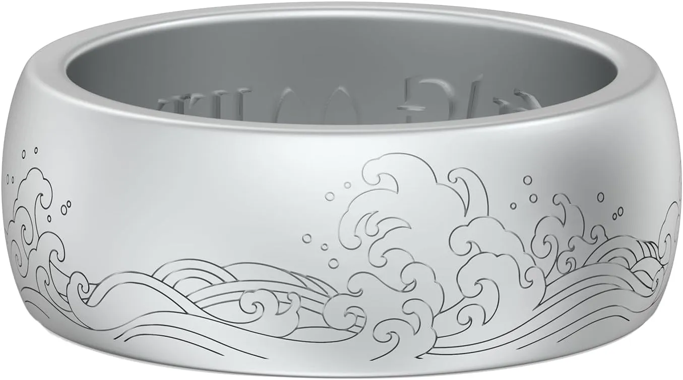King Will Silicone Mens Ring - Breathable Wedding Bands for Men 8mm Wide Rubber Engagement Band, Geometry/Waves with Design, Comfort Fit Ring- 1/4/6 Variety Multipack Silver/Dark Blue/Grey Size 8-14