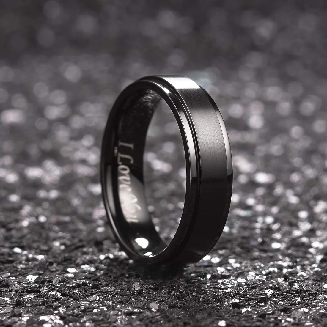 King Will Stainless Steel Wedding Ring for Men Women, Black/Silver Wdding Band Plated Matte Finish&Polished Beveled Edge with Laser I Love You, 2mm-8mm Wedding Ring Band Comfort Fit Size 4-15