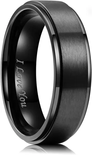 King Will Stainless Steel Wedding Ring for Men Women, Black/Silver Wdding Band Plated Matte Finish&Polished Beveled Edge with Laser I Love You, 2mm-8mm Wedding Ring Band Comfort Fit Size 4-15