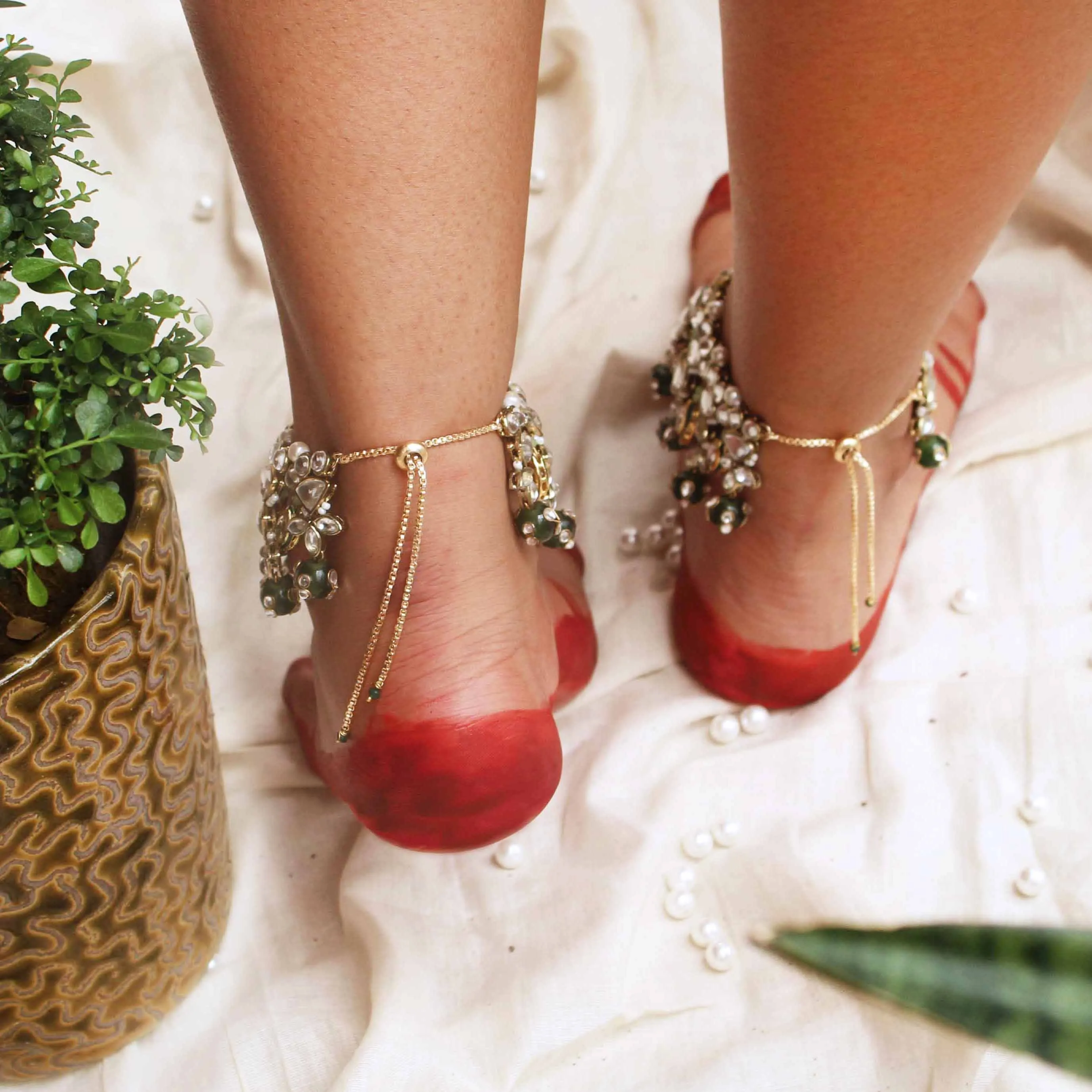 Kundan & Beads Adjustable Anklet - Set Of 2 Pieces