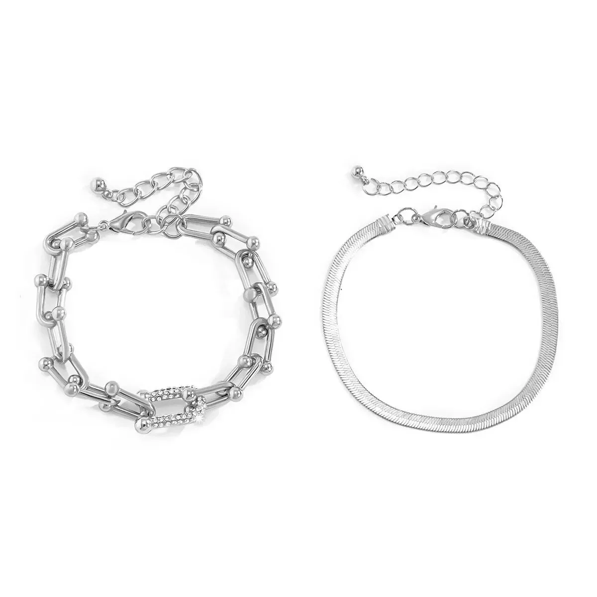 Ladies Silver Copper Chain Interlock Link Crsytal 2Pc Bracelets