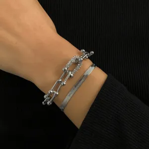 Ladies Silver Copper Chain Interlock Link Crsytal 2Pc Bracelets