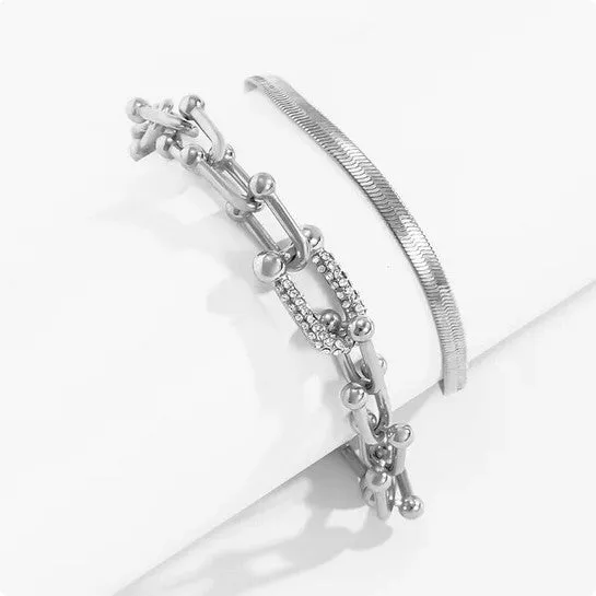 Ladies Silver Copper Chain Interlock Link Crsytal 2Pc Bracelets