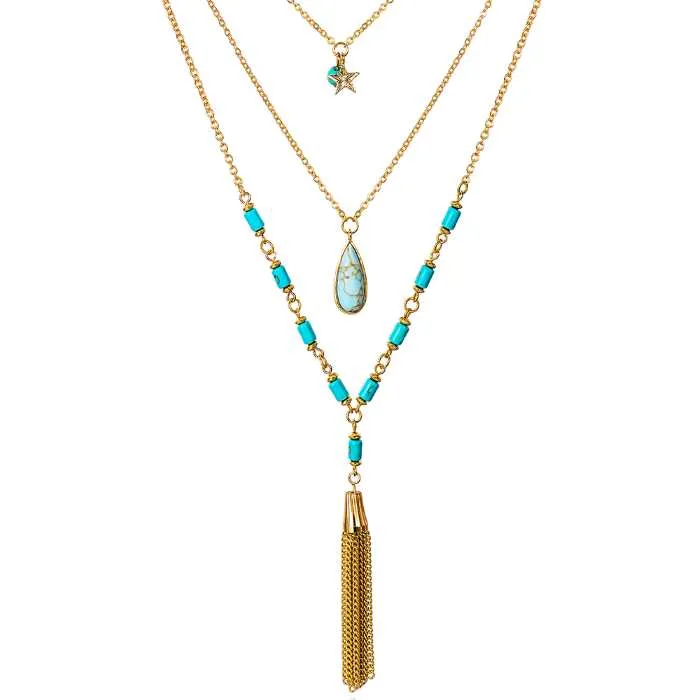 Layered Chain Necklace- Tassel Necklace Turquoise Charms