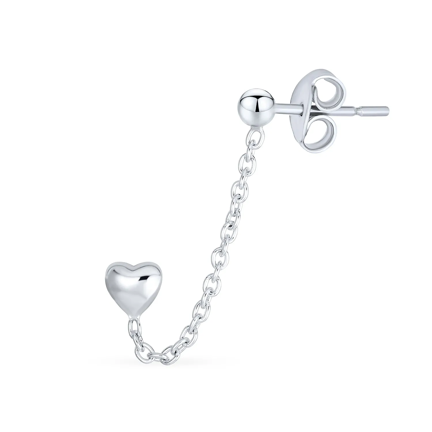 Love Double Pierced Mini Heart Ear Cuff Cartilage Chain & Ball Stud Earrings Silver
