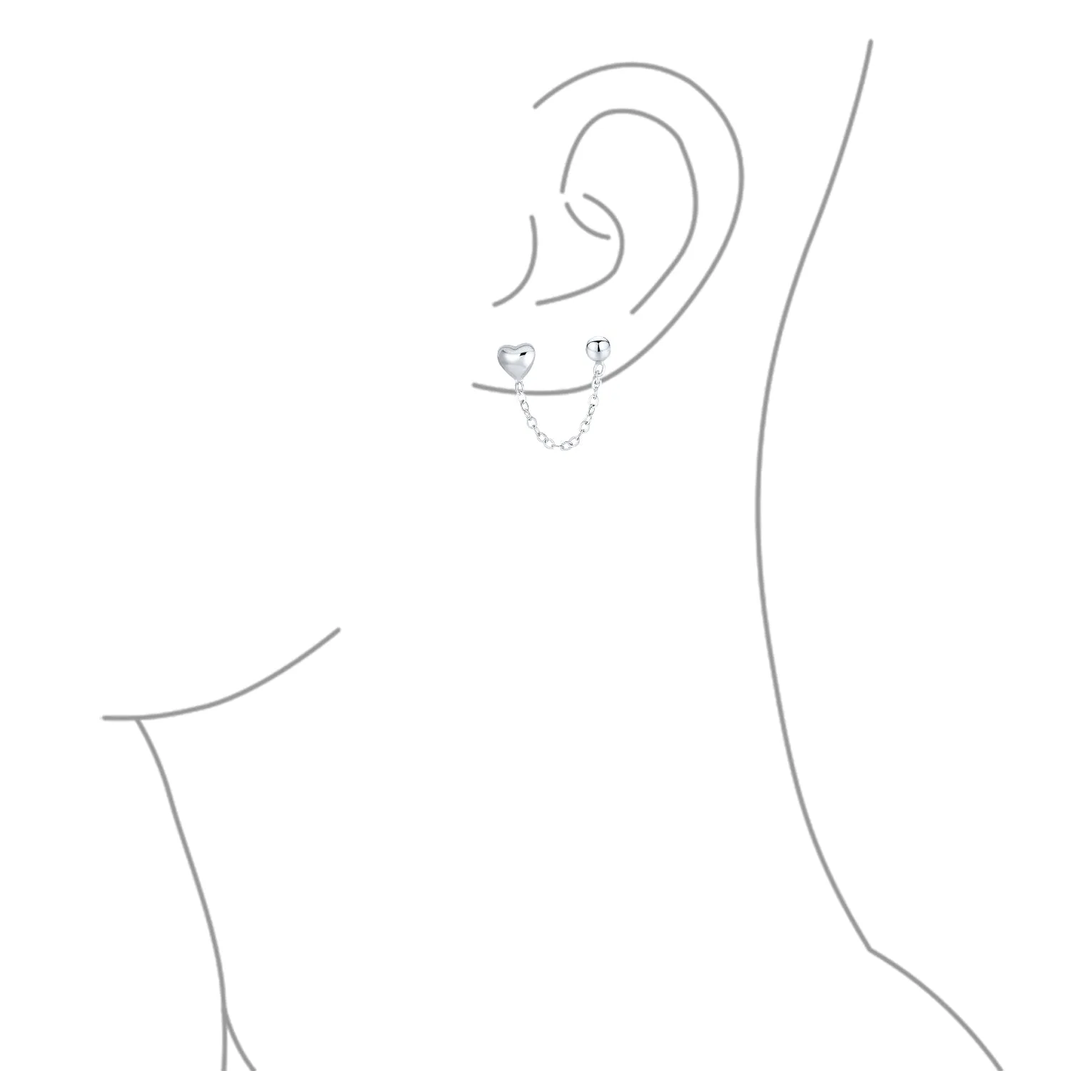 Love Double Pierced Mini Heart Ear Cuff Cartilage Chain & Ball Stud Earrings Silver