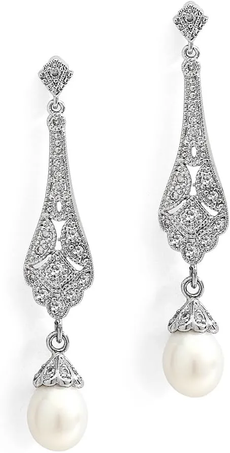Mariell Cubic Zirconia Vintage Art Deco Dangle Earring with Freshwater Pearl Drops for Brides or Weddings