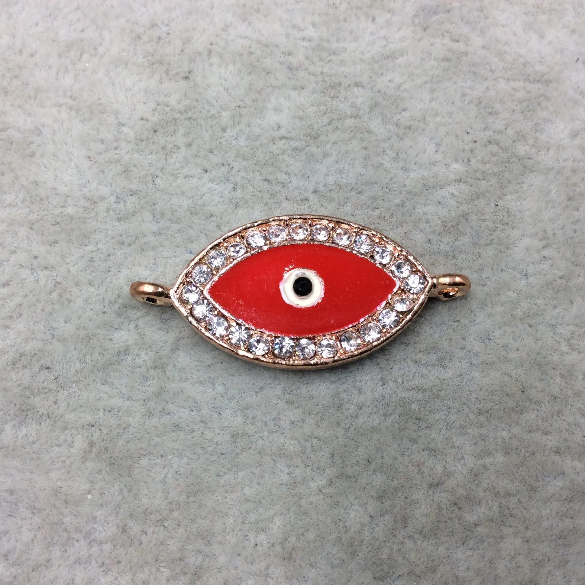 Medium Red Enameled Rose Gold Plated Copper Rhinestone Inlaid Evil Eye Shaped Focal Connector - Measuring 15mm x 25mm, Approximately