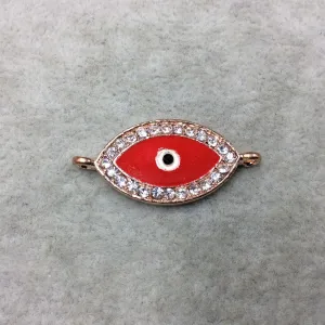 Medium Red Enameled Rose Gold Plated Copper Rhinestone Inlaid Evil Eye Shaped Focal Connector - Measuring 15mm x 25mm, Approximately