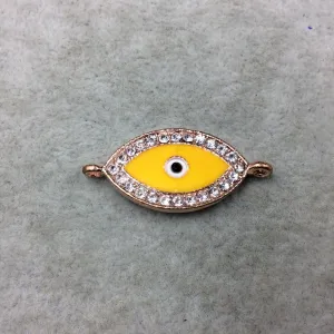 Medium Yellow Enameled Rose Gold Plated Copper Rhinestone Inlaid Evil Eye Shaped Focal Connector - Measuring 15mm x 25mm, Approximately