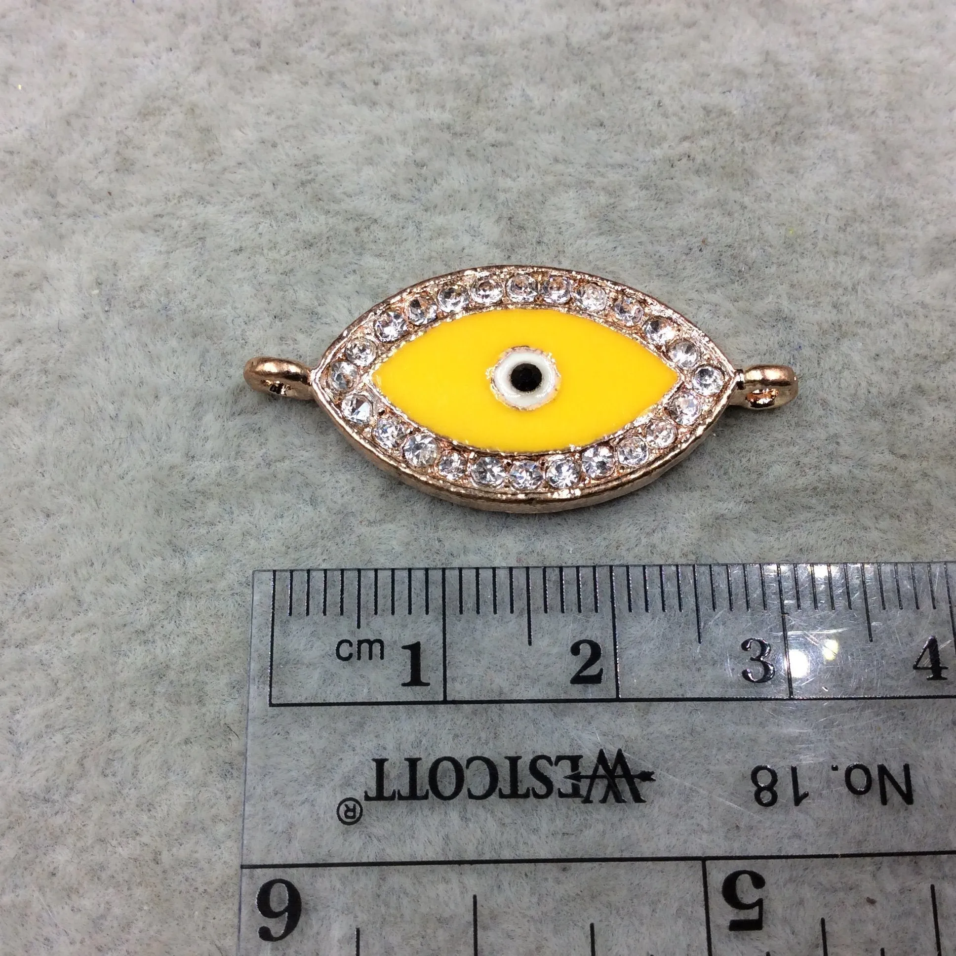Medium Yellow Enameled Rose Gold Plated Copper Rhinestone Inlaid Evil Eye Shaped Focal Connector - Measuring 15mm x 25mm, Approximately