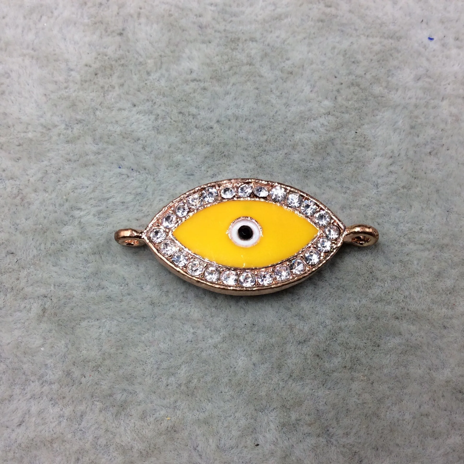 Medium Yellow Enameled Rose Gold Plated Copper Rhinestone Inlaid Evil Eye Shaped Focal Connector - Measuring 15mm x 25mm, Approximately