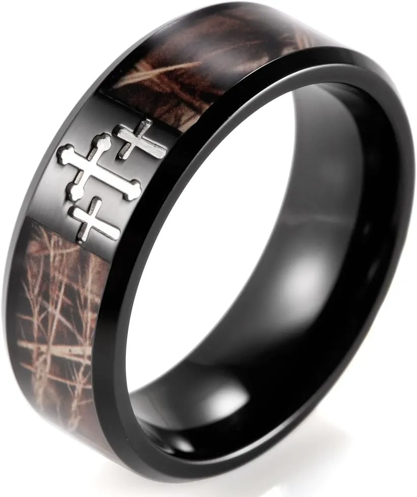 Men's 8mm Black Titanium Ring Mens Wedding Bands Contrasting Engraved Crosses and Brown Camouflage Inlaid Christian Ring