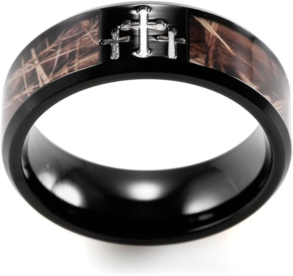 Men's 8mm Black Titanium Ring Mens Wedding Bands Contrasting Engraved Crosses and Brown Camouflage Inlaid Christian Ring