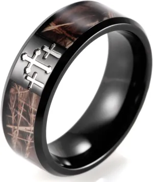 Men's 8mm Black Titanium Ring Mens Wedding Bands Contrasting Engraved Crosses and Brown Camouflage Inlaid Christian Ring