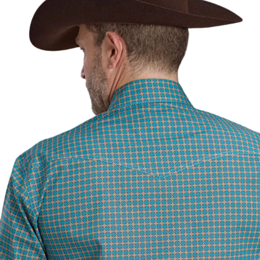 Men's Blue Amarillo Print Long Sleeve Pearl Snap Shirt
