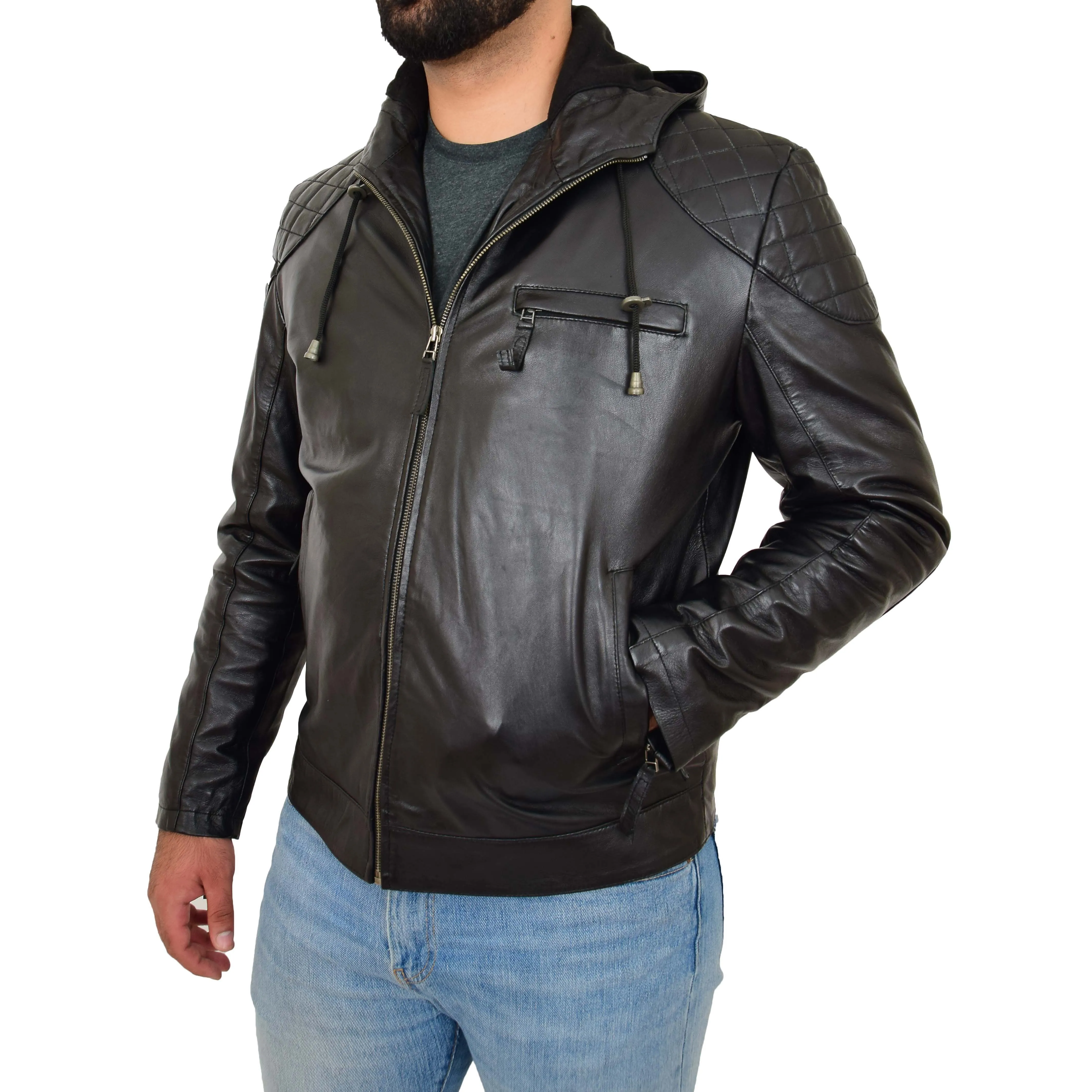 Mens Real Black Leather Hooded Jacket Sports Fitted Biker Style Coat Barry