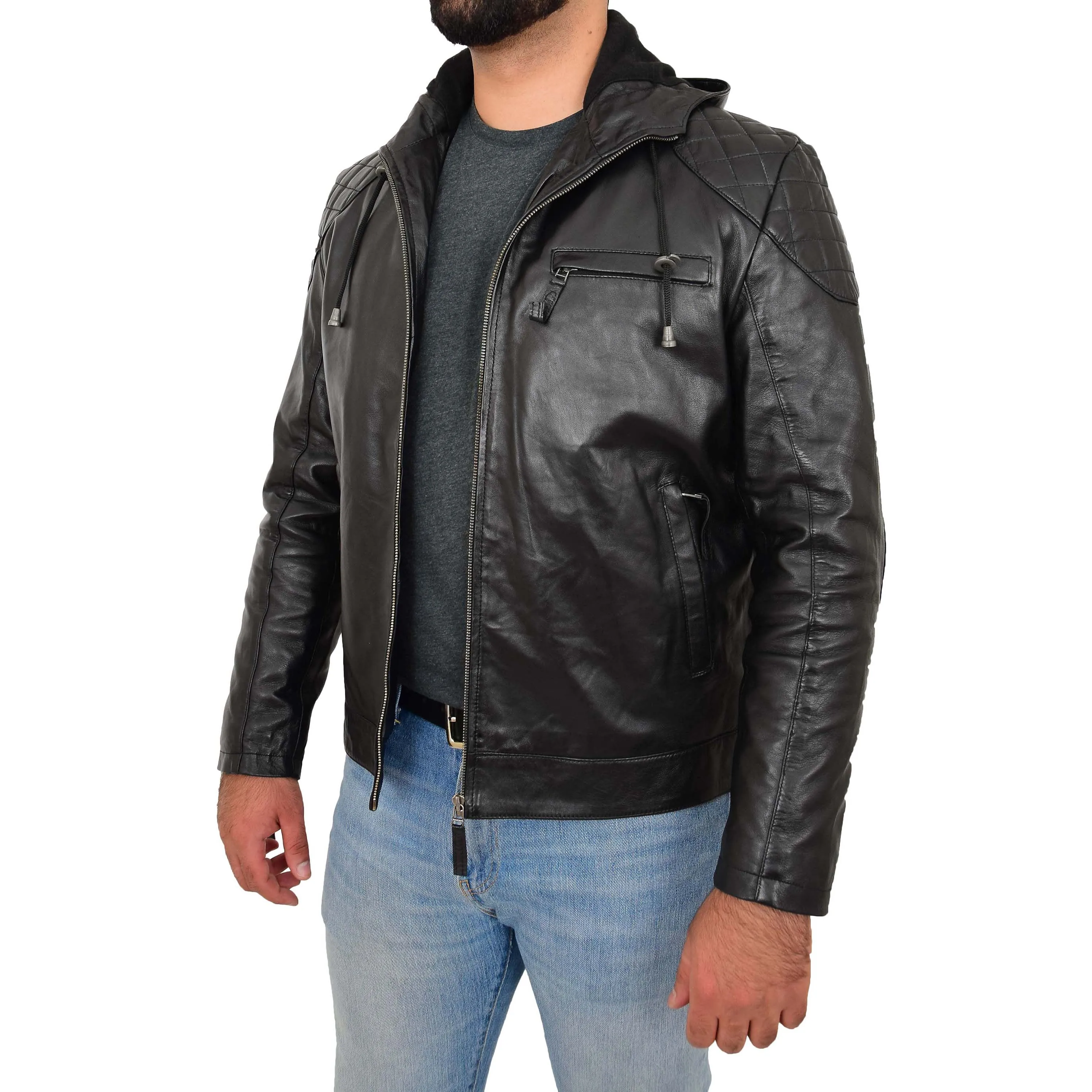 Mens Real Black Leather Hooded Jacket Sports Fitted Biker Style Coat Barry