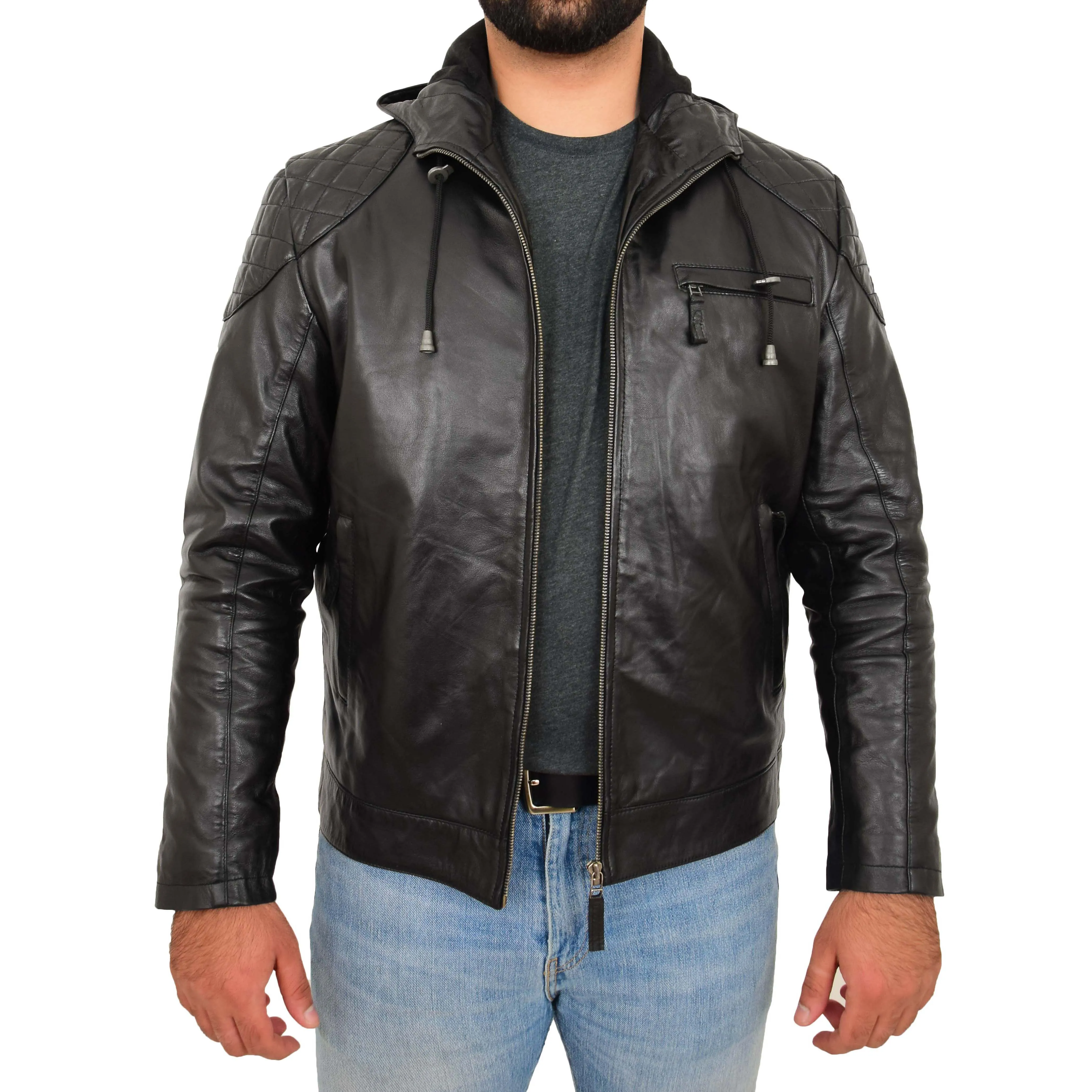 Mens Real Black Leather Hooded Jacket Sports Fitted Biker Style Coat Barry