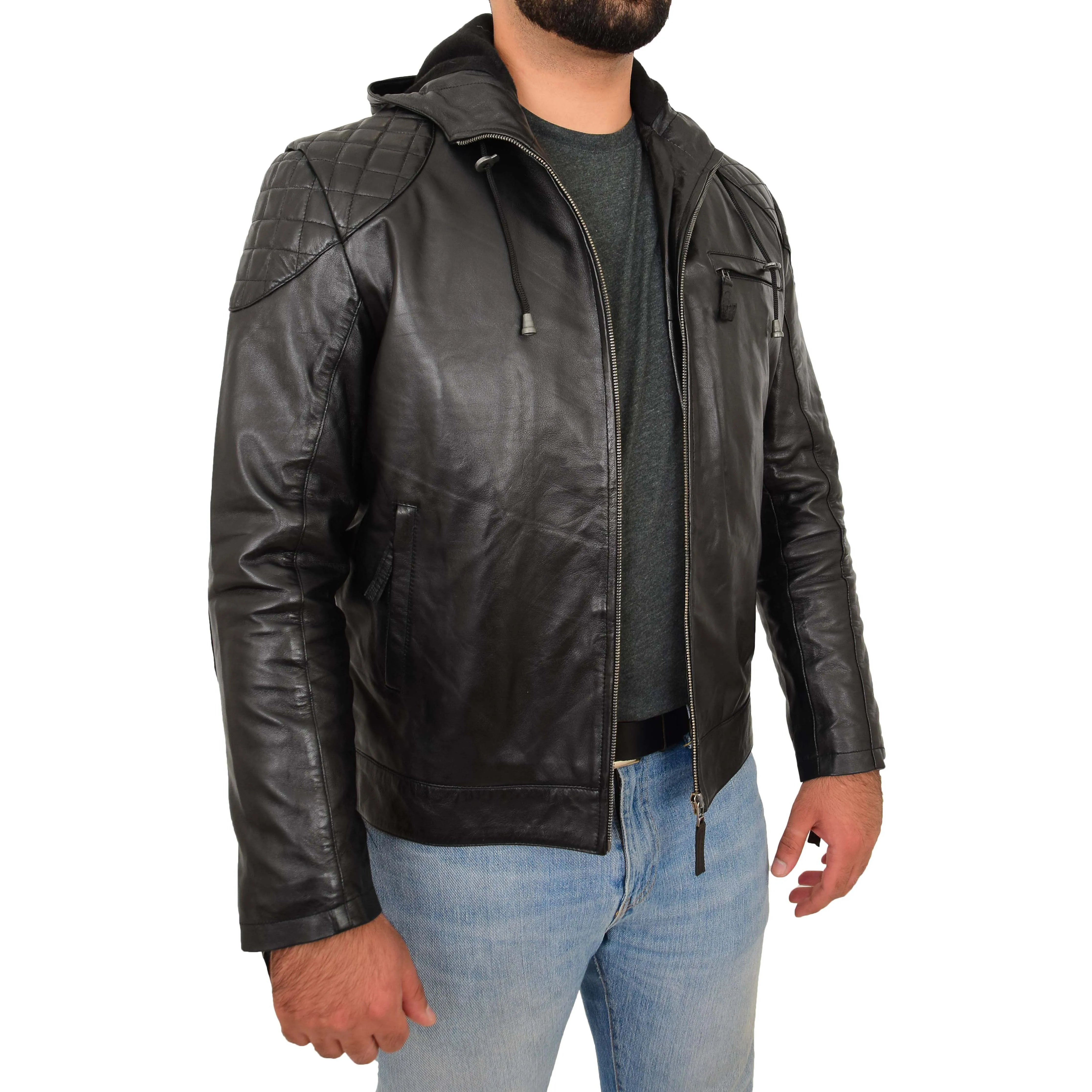 Mens Real Black Leather Hooded Jacket Sports Fitted Biker Style Coat Barry