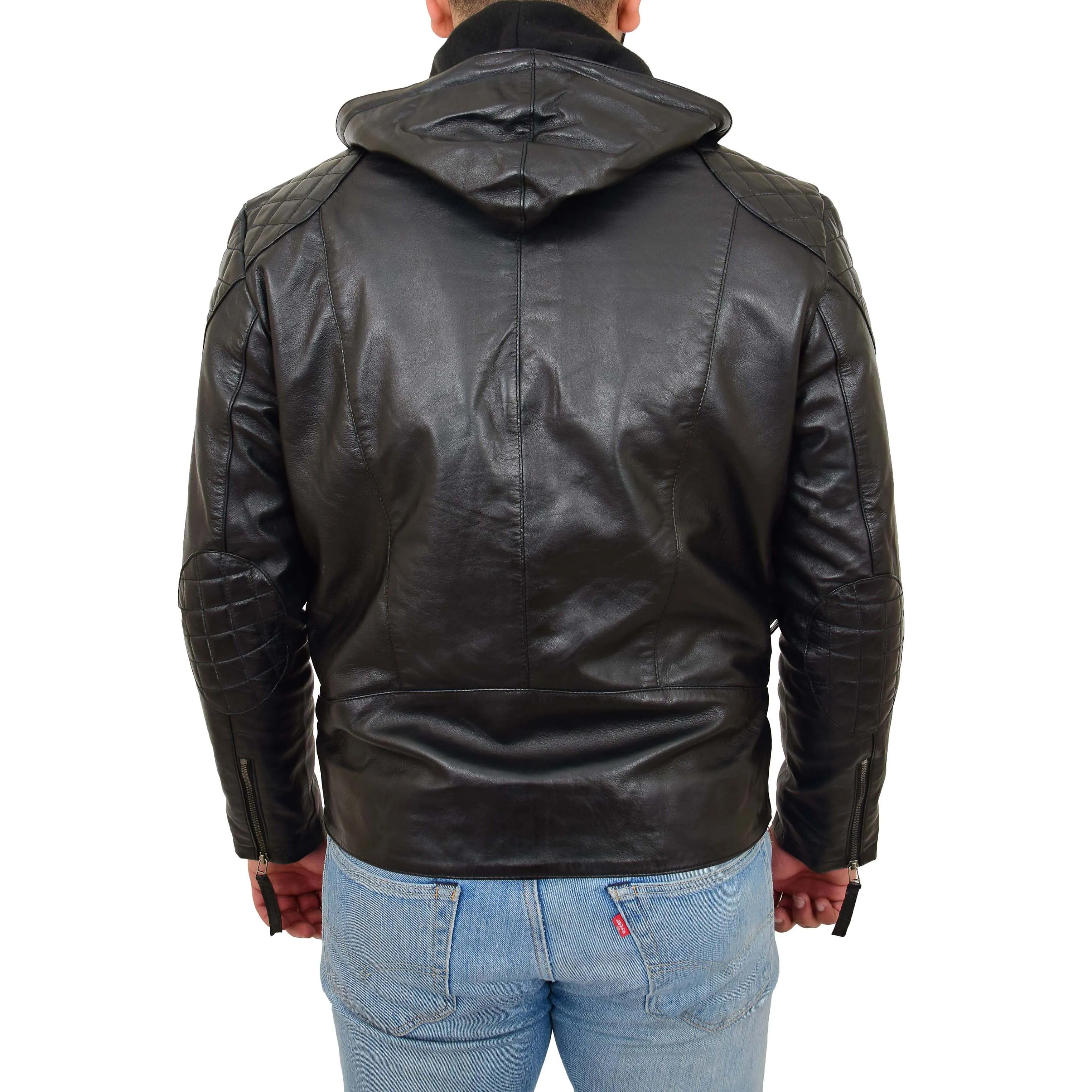 Mens Real Black Leather Hooded Jacket Sports Fitted Biker Style Coat Barry