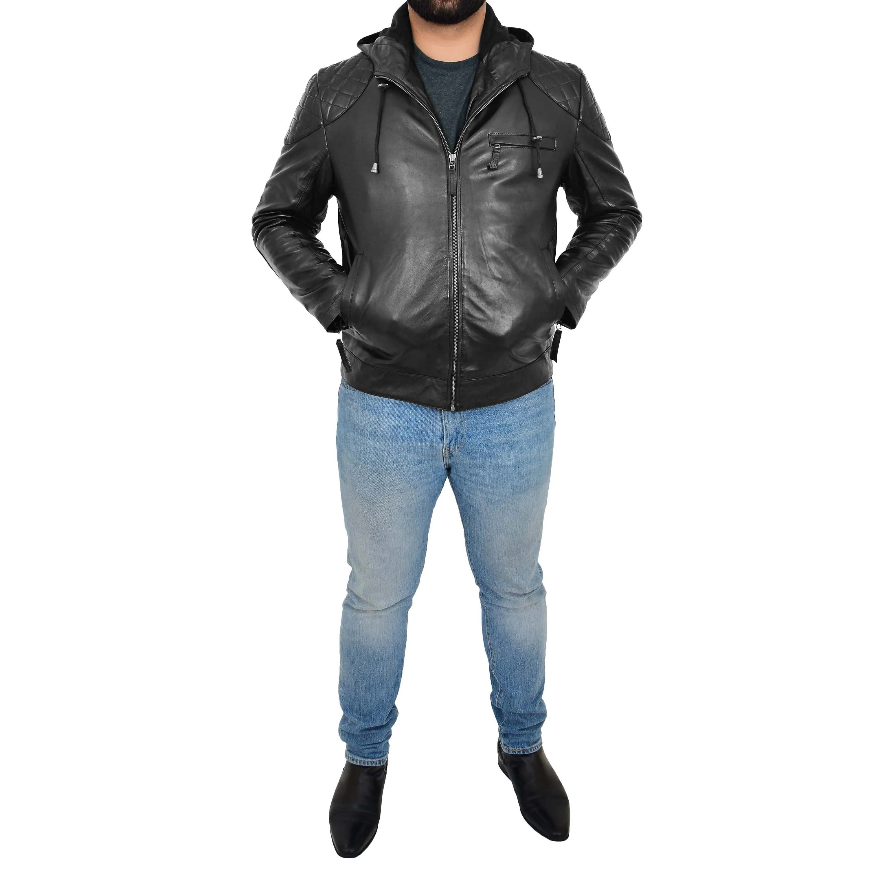 Mens Real Black Leather Hooded Jacket Sports Fitted Biker Style Coat Barry