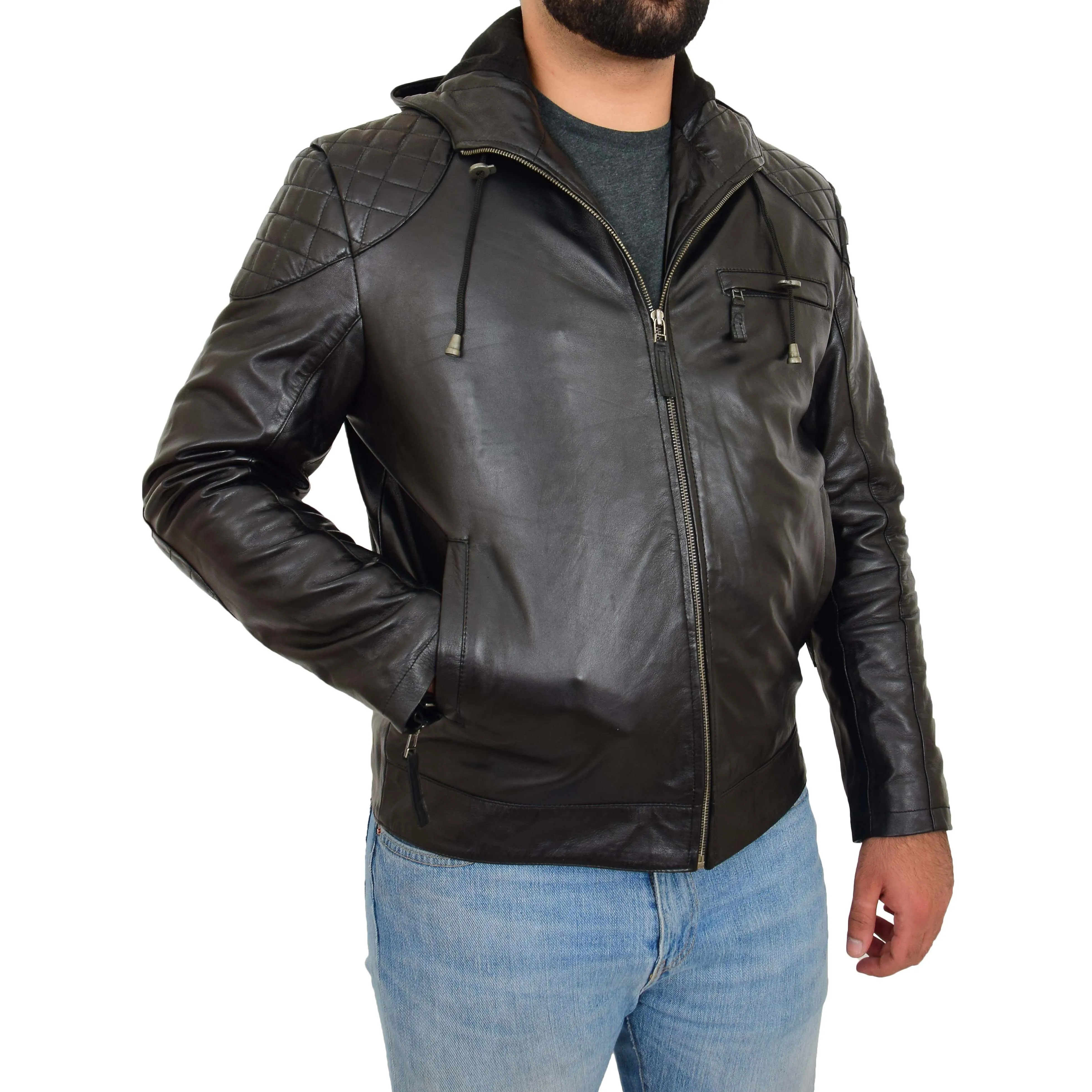 Mens Real Black Leather Hooded Jacket Sports Fitted Biker Style Coat Barry