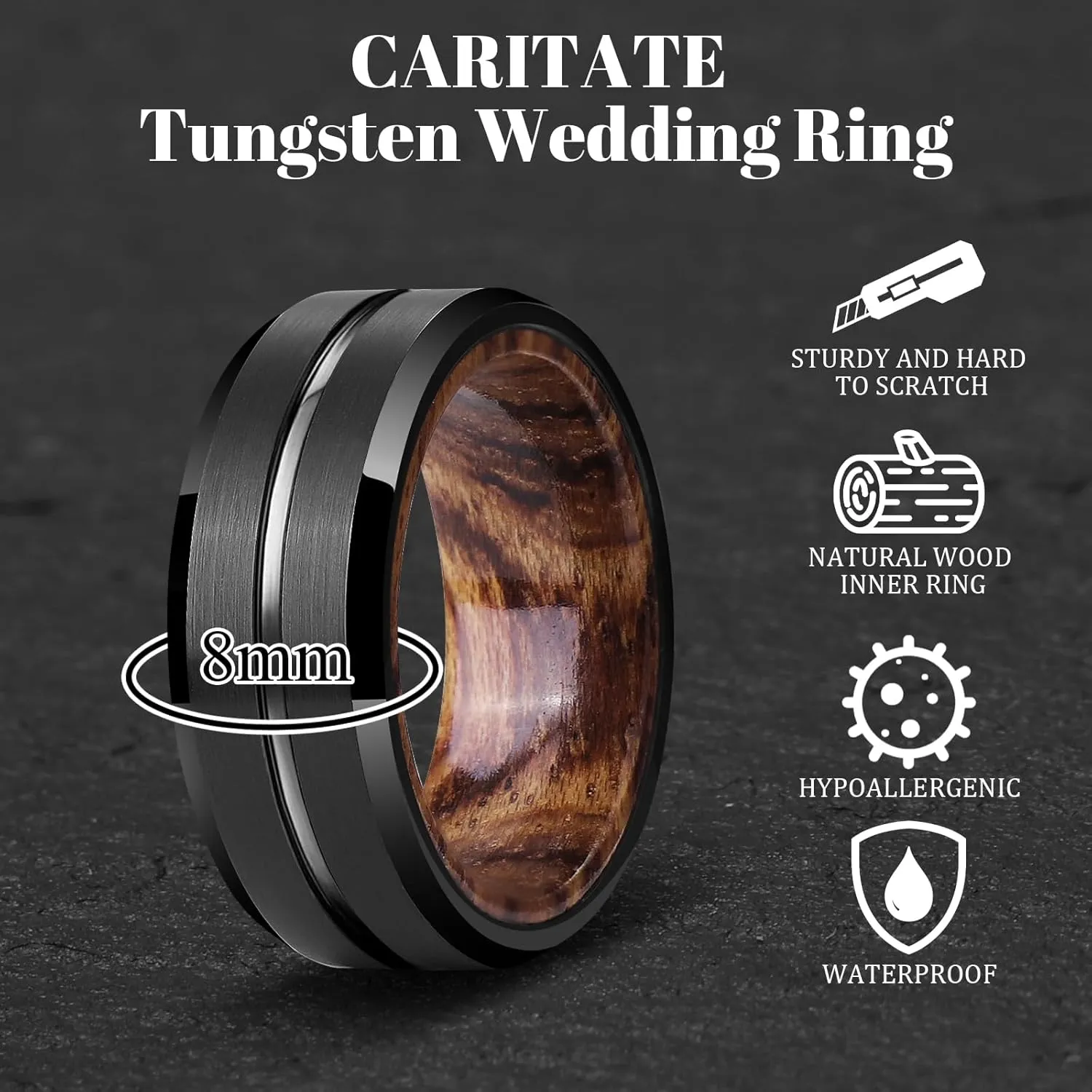 Mens Wedding Band Tungsten Rings: 8mm Black Tungsten Rings for Men Wood Wedding Ring Band for Man - Silver Ring for Men Wedding Bands for Women Wood Promise Rings for Him