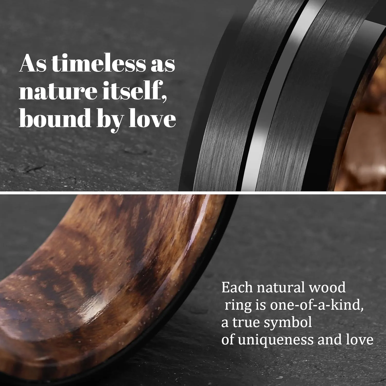Mens Wedding Band Tungsten Rings: 8mm Black Tungsten Rings for Men Wood Wedding Ring Band for Man - Silver Ring for Men Wedding Bands for Women Wood Promise Rings for Him